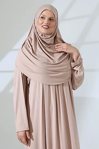 One Piece Practical Prayer Dress with Headscarf and Robe 8015 Beige - 6