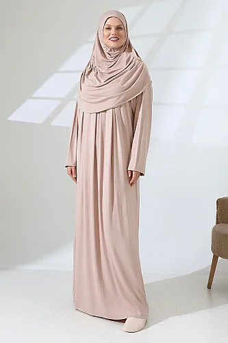 One Piece Practical Prayer Dress with Headscarf and Robe 8015 Beige - 7