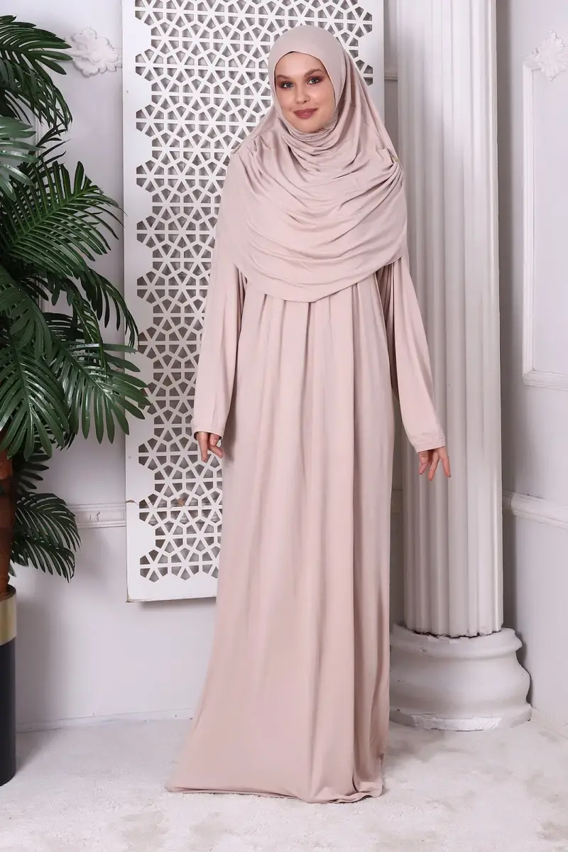 One Piece Practical Prayer Dress with Headscarf and Robe 8015 Beige - 3