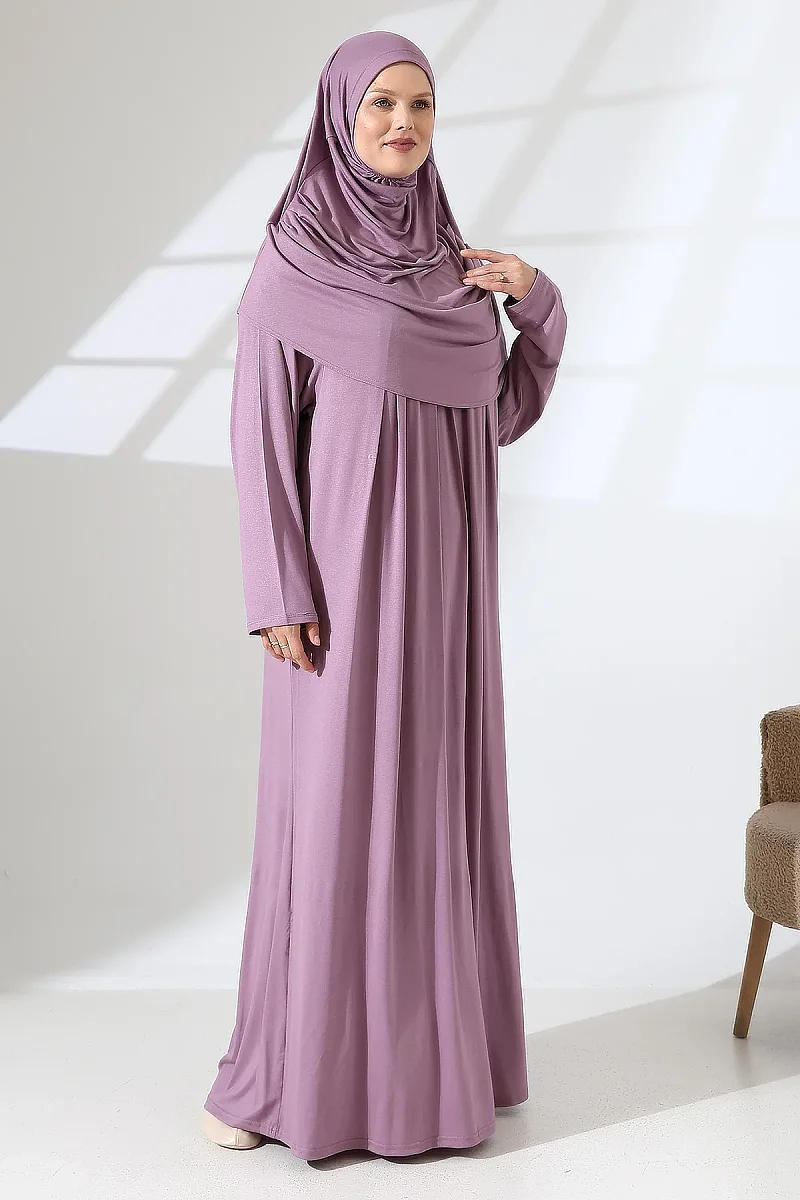 One Piece Practical Prayer Dress with Headscarf and Robe 8015 Dried Rose - 4
