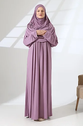 One Piece Practical Prayer Dress with Headscarf and Robe 8015 Dried Rose - 5