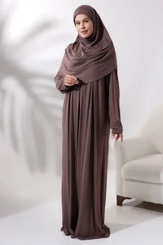 One Piece Practical Prayer Dress with Headscarf and Robe 8015 Milk Coffee - 1