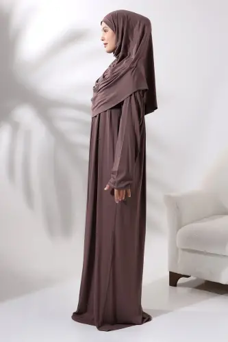 One Piece Practical Prayer Dress with Headscarf and Robe 8015 Milk Coffee - 4