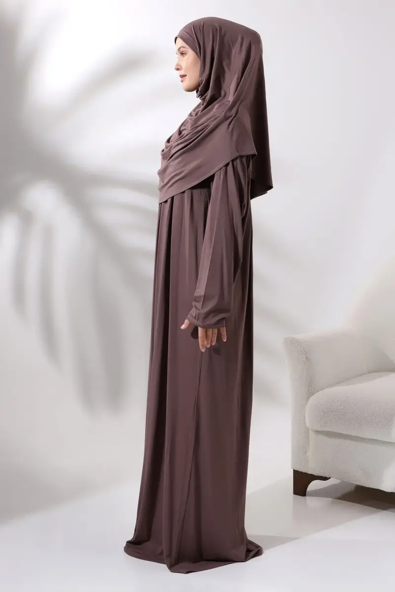 One Piece Practical Prayer Dress with Headscarf and Robe 8015 Milk Coffee - 4