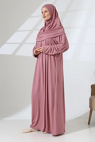 One Piece Practical Prayer Dress with Headscarf and Robe 8015 Powder - 2