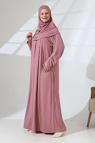 One Piece Practical Prayer Dress with Headscarf and Robe 8015 Powder - 3