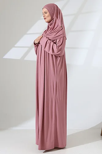 One Piece Practical Prayer Dress with Headscarf and Robe 8015 Powder - 5