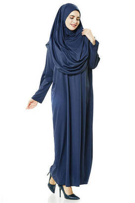 One Piece Prayer Dress - Navy Blue - 5015 and Prayer Rug and Zikirmatik - Triple Set - 6