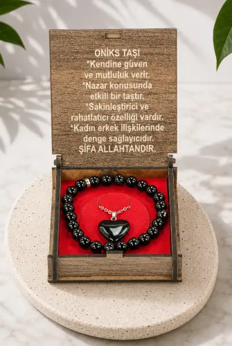 Oniks Taşı Bileklik ve Kolye Seti - Ahşap Kutulu Hediyelik 