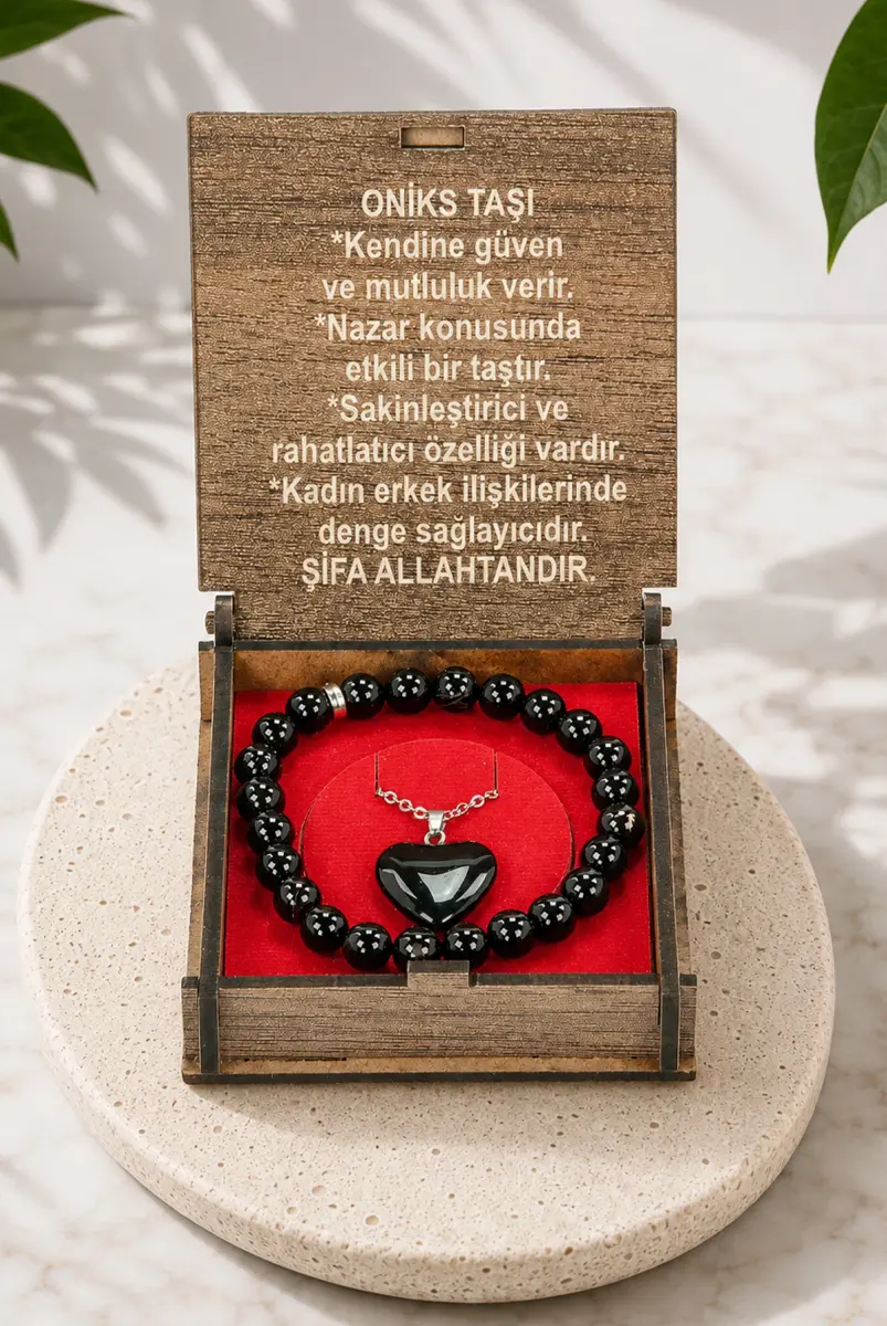 Oniks Taşı Bileklik ve Kolye Seti - Ahşap Kutulu Hediyelik - 1
