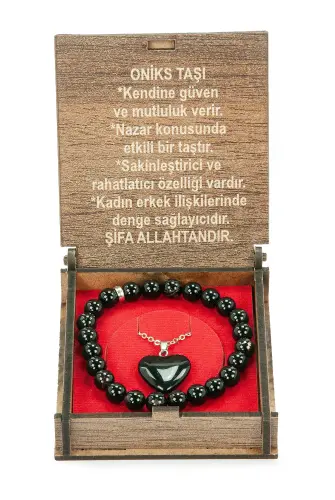 Oniks Taşı Bileklik ve Kolye Seti - Ahşap Kutulu Hediyelik - 4