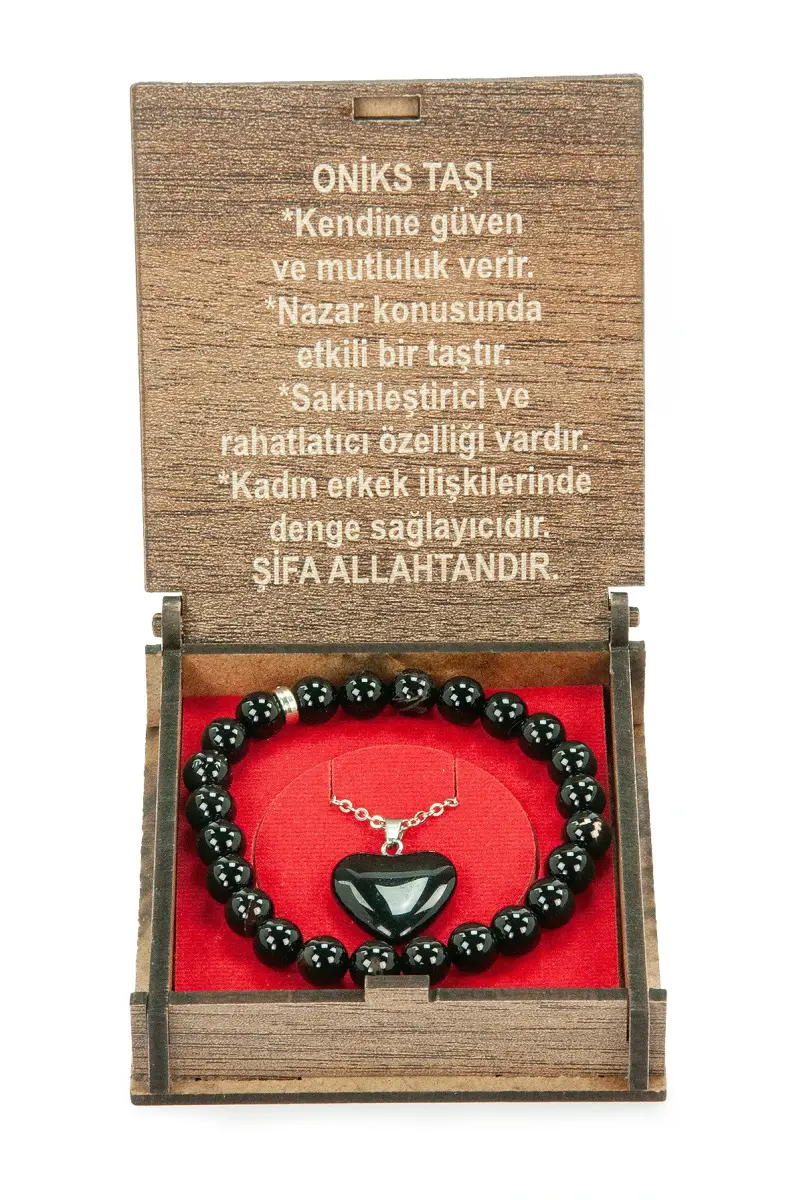 Oniks Taşı Bileklik ve Kolye Seti - Ahşap Kutulu Hediyelik - 4