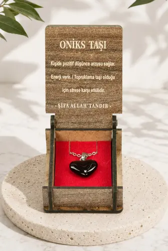 Oniks Taşı Kalp Kolye - Ahşap Kutulu Hediyelik 