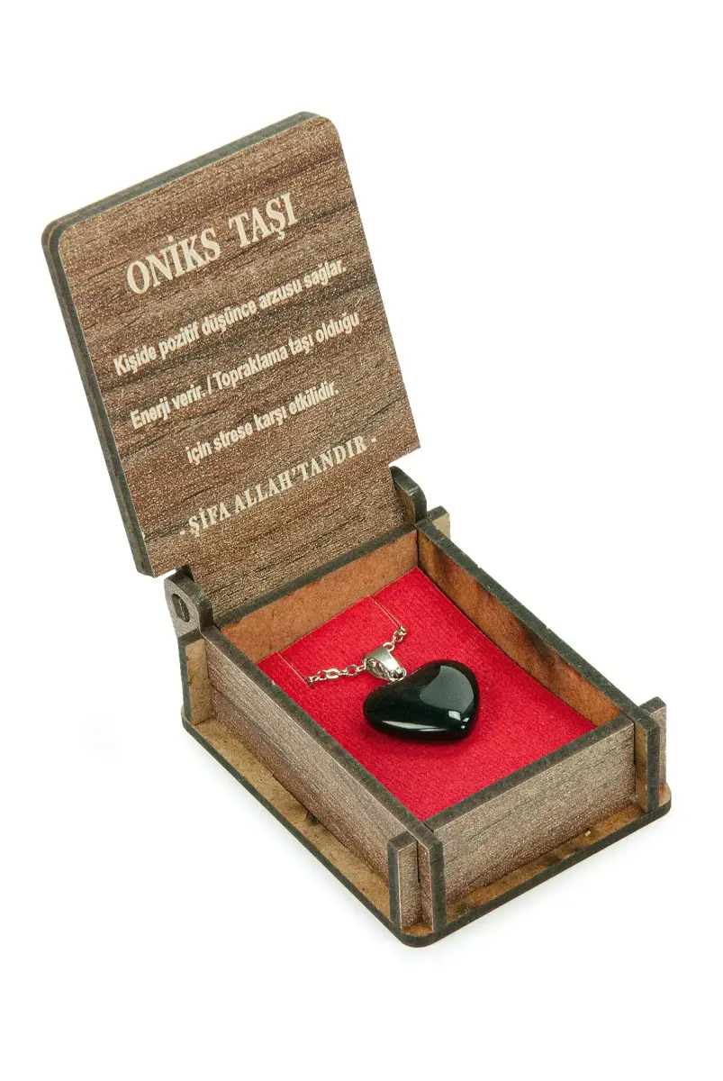 Oniks Taşı Kalp Kolye - Ahşap Kutulu Hediyelik - 4