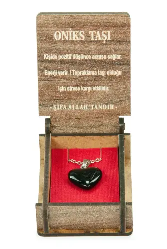 Oniks Taşı Kalp Kolye - Ahşap Kutulu Hediyelik - 5