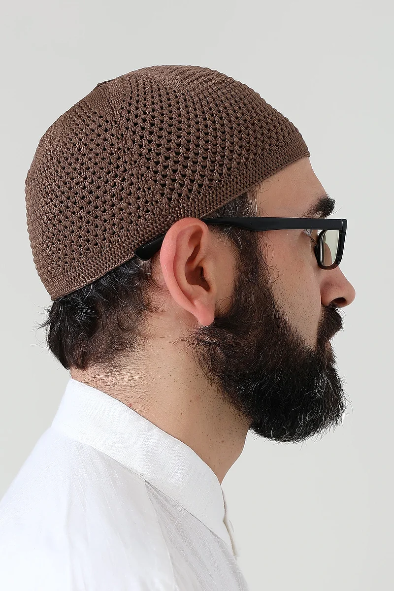 Örme Esnek Orlon Namaz Takke - Kahverengi - 4
