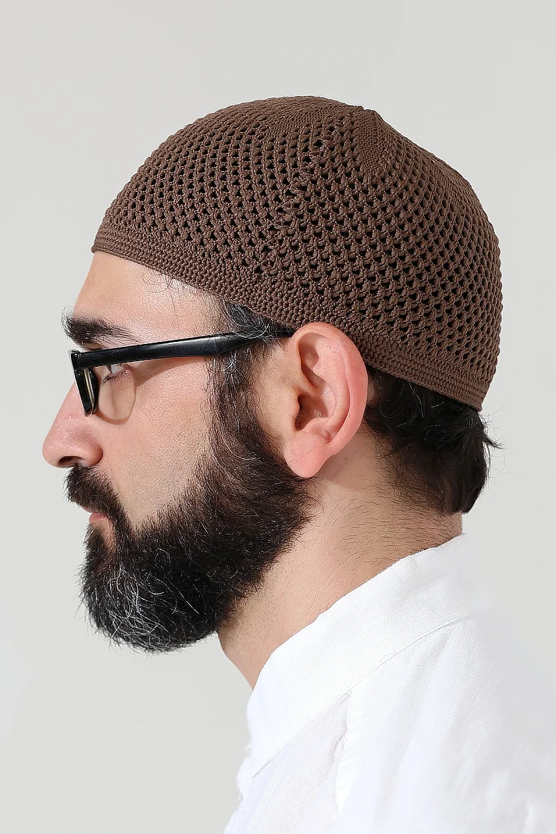 Örme Esnek Orlon Namaz Takke - Kahverengi - 5