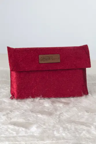 Orta Boy Kuranı Kerim Kadife Taşıma Çantası Bordo - 1