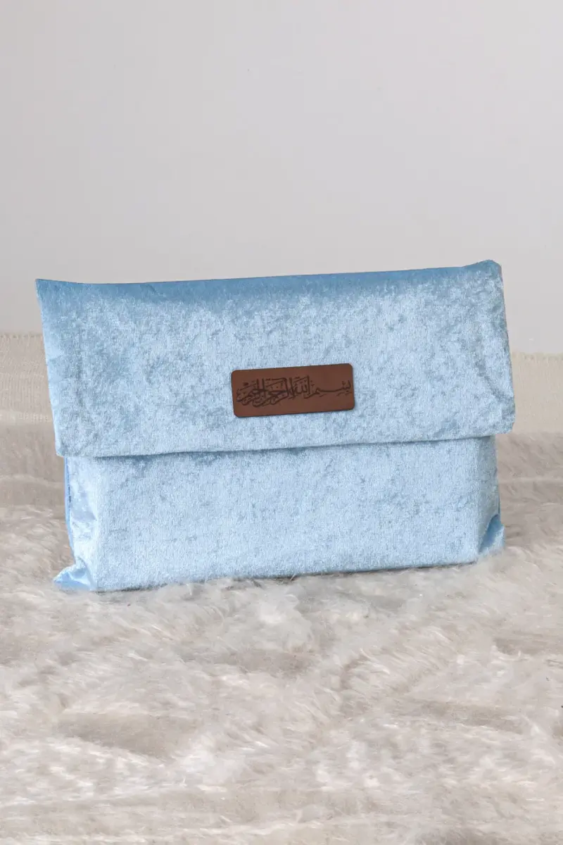 Orta Boy Kuranı Kerim Kadife Taşıma Çantası Mavi - 1