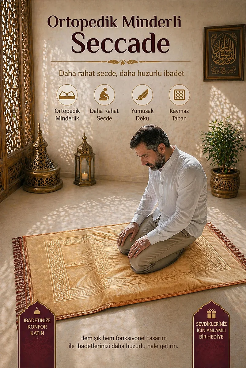 Ortopedik Minderli Seccade Kaymaz Tabanlı Yumuşak Dokulu Rahat Secde Seccadesi - Gold - 1