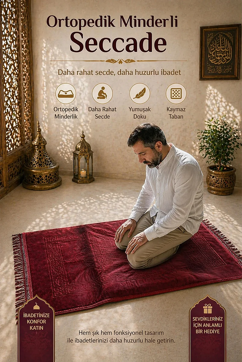 Ortopedik Minderli Seccade Kaymaz Tabanlı Yumuşak Dokulu Rahat Secde Seccadesi - Kırmızı - 1