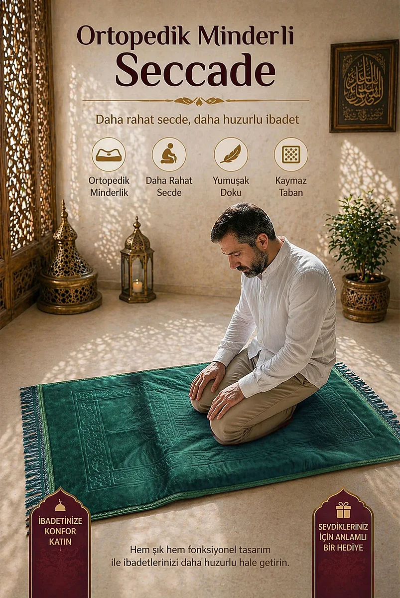 Ortopedik Minderli Seccade Kaymaz Tabanlı Yumuşak Dokulu Rahat Secde Seccadesi - Yeşil - 1