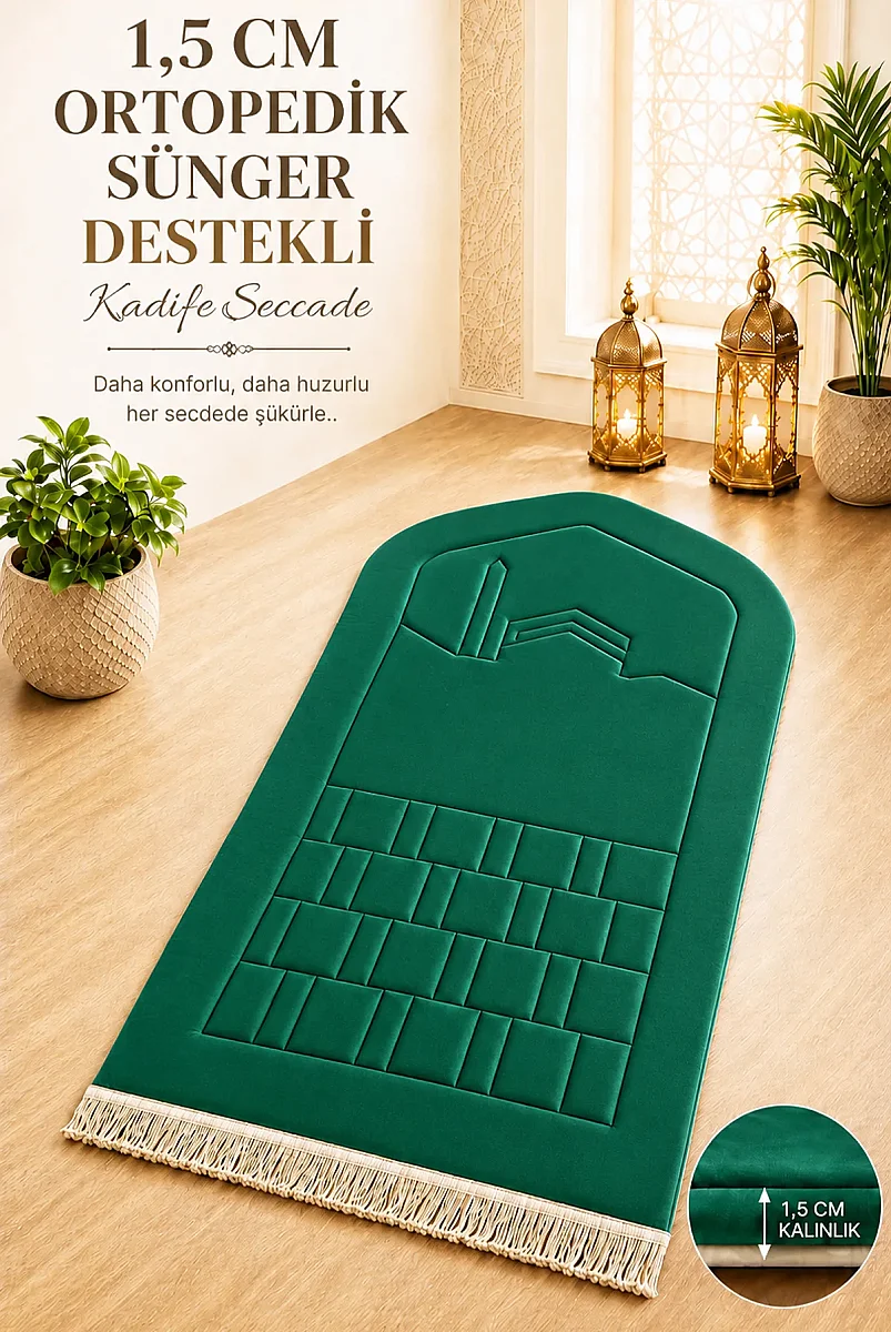Ortopedik Süngerli Seccade Kalın Yumuşak Namaz Seccadesi, Diz ve Eklem Destekli Lüks Seccade Yeşil - 1