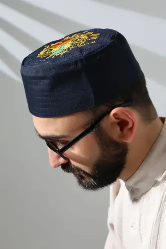 Osmanlı Arma Desenli Kalıp Kumaş Takke Lacivert - ihvanonline (1)