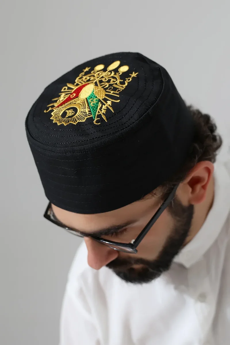 Osmanlı Arma Desenli Kalıp Kumaş Takke Siyah - 1