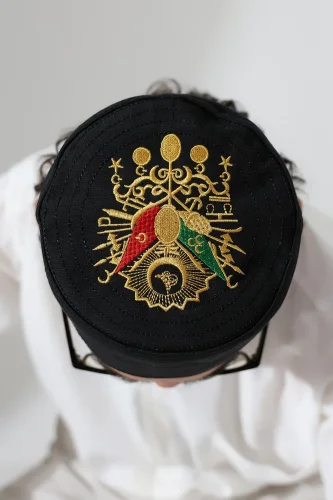 Osmanlı Arma Desenli Kalıp Kumaş Takke Siyah - 3
