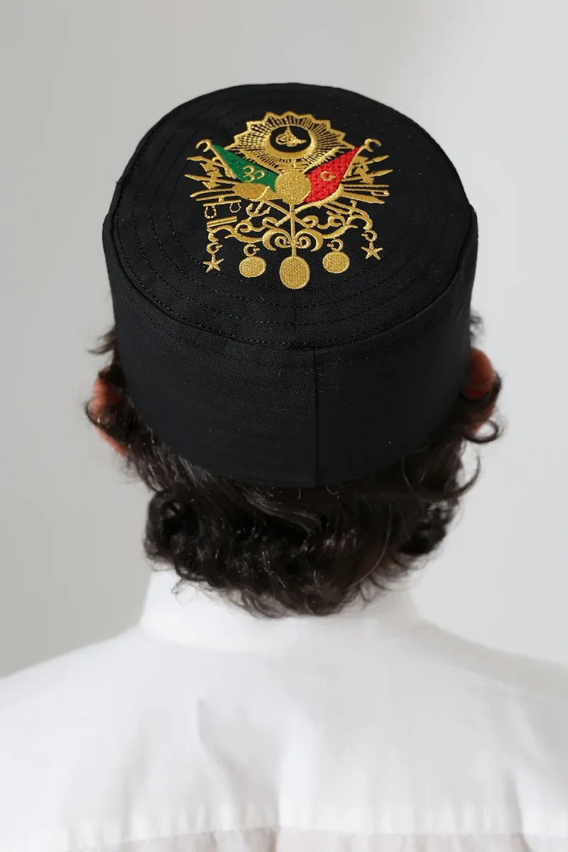 Osmanlı Arma Desenli Kalıp Kumaş Takke Siyah - 6