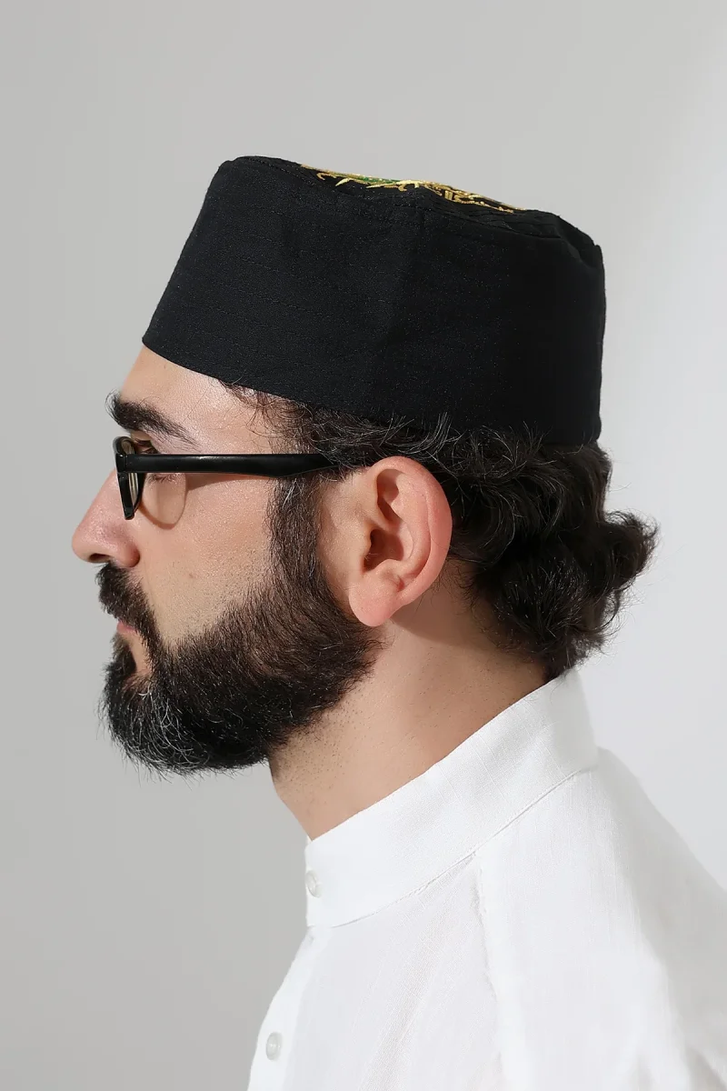 Osmanlı Arma Desenli Kalıp Kumaş Takke Siyah - 7