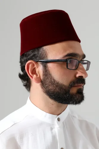 Osmanlı Püsküllü Kadife Fes - Okul Gösterisi Yöresel Kostüm Fesi - Bordo - 2