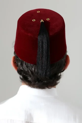 Osmanlı Püsküllü Kadife Fes - Okul Gösterisi Yöresel Kostüm Fesi - Bordo - 5