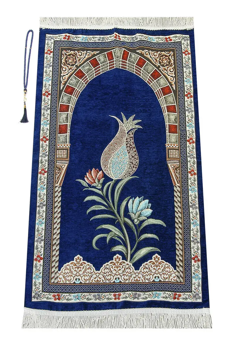 Ottoman Arch Mihrab Tulip Patterned Chenille Prayer Rug Dark Blue - 1