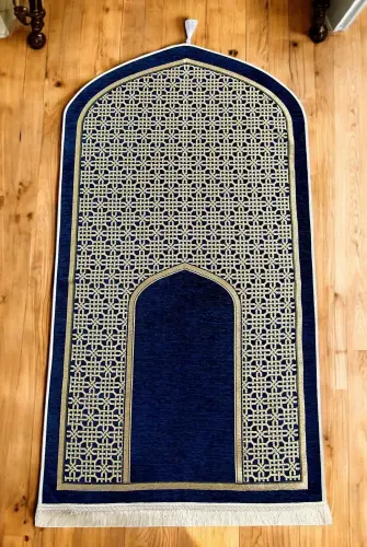 Oval Mihrap Desenli Püsküllü Lüks Şönil Seccade Lacivert - 1