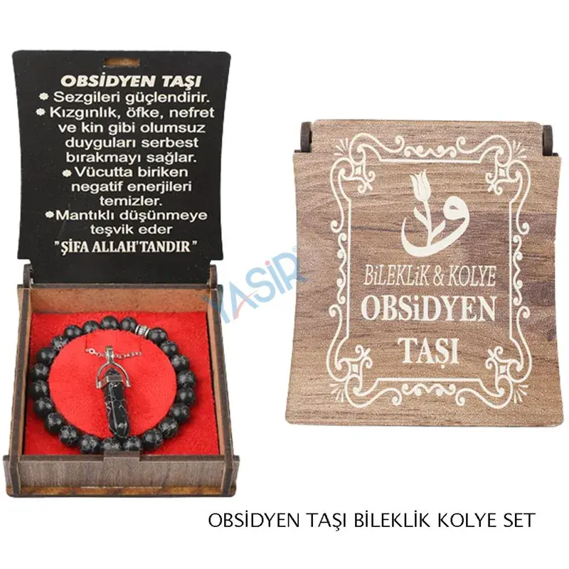 Özel Ahşap Kutulu Obsidyen Taşı Kolye Bileklik Seti - 1