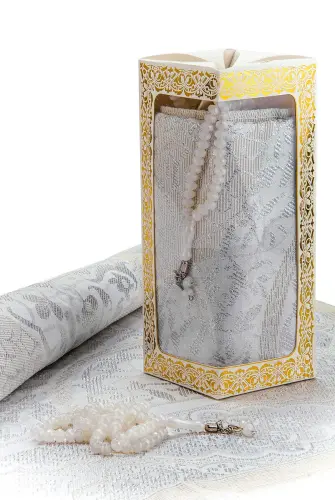 Özel Hediyelik Kutulu Seccadeli Tesbihli Set Beyaz - 4