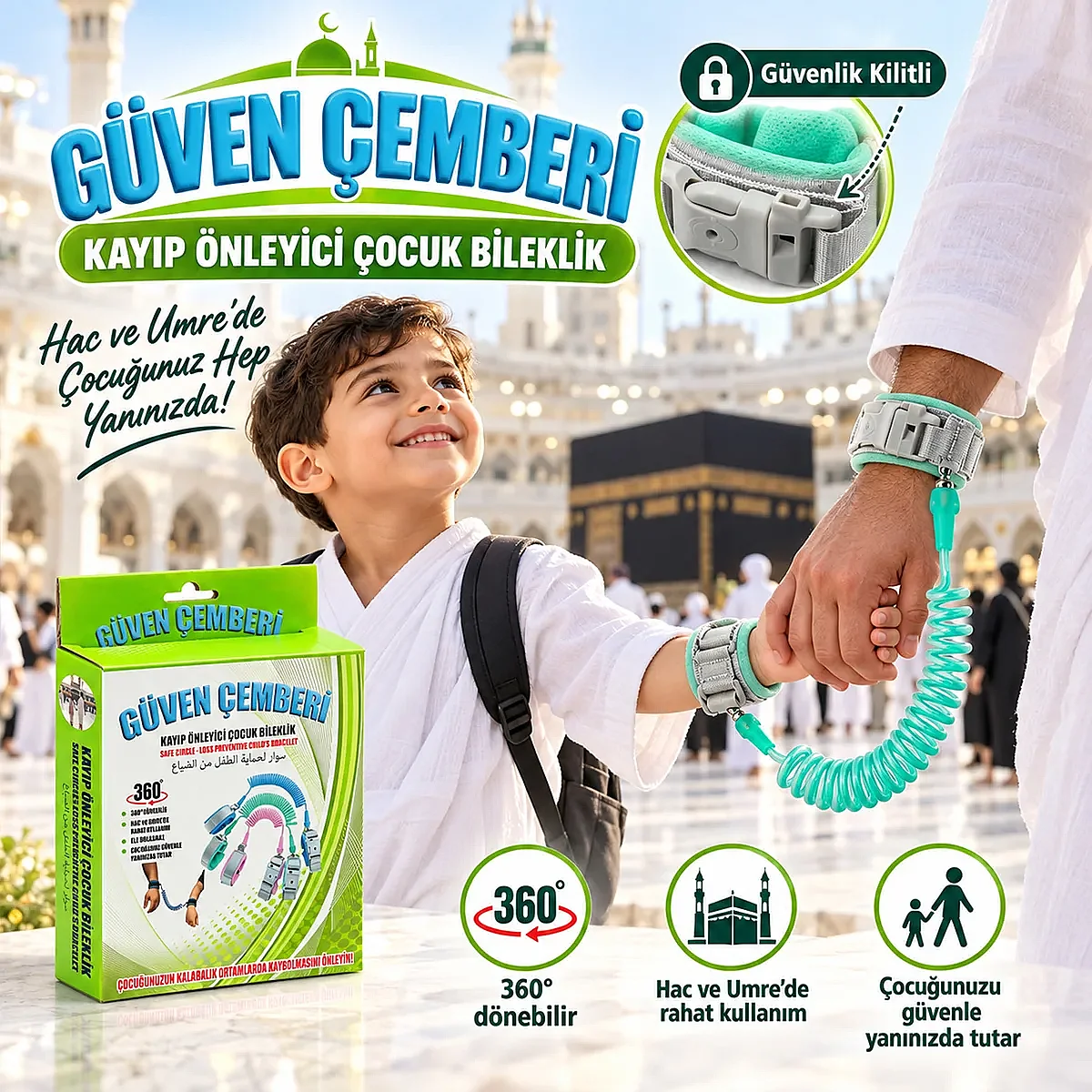 Özel Kilit Sistemli Kayıp Önleyici Çocuk Güvenlik Bilekliği 360° Dönebilir - Yeşil - 1
