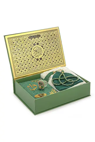 Özel Kutulu Damat ve Gelin Bohçasına Uygun Çeyizlik Seccade Seti Yeşil 