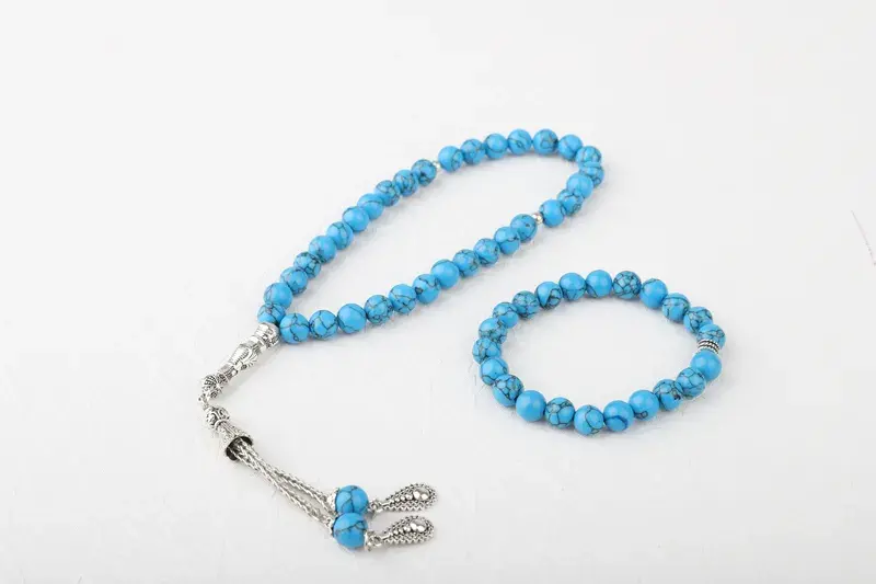 Özel Kutulu Mavi Doğal Firuze Taşı Tesbih ve Bileklik Seti - 2