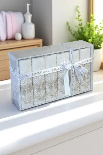 %100 Pamuklu, Hediyelik, Mevlüt ve Çeyizlik Lüks Kutulu Güpürlü 6'lı Havlu Seti - 1