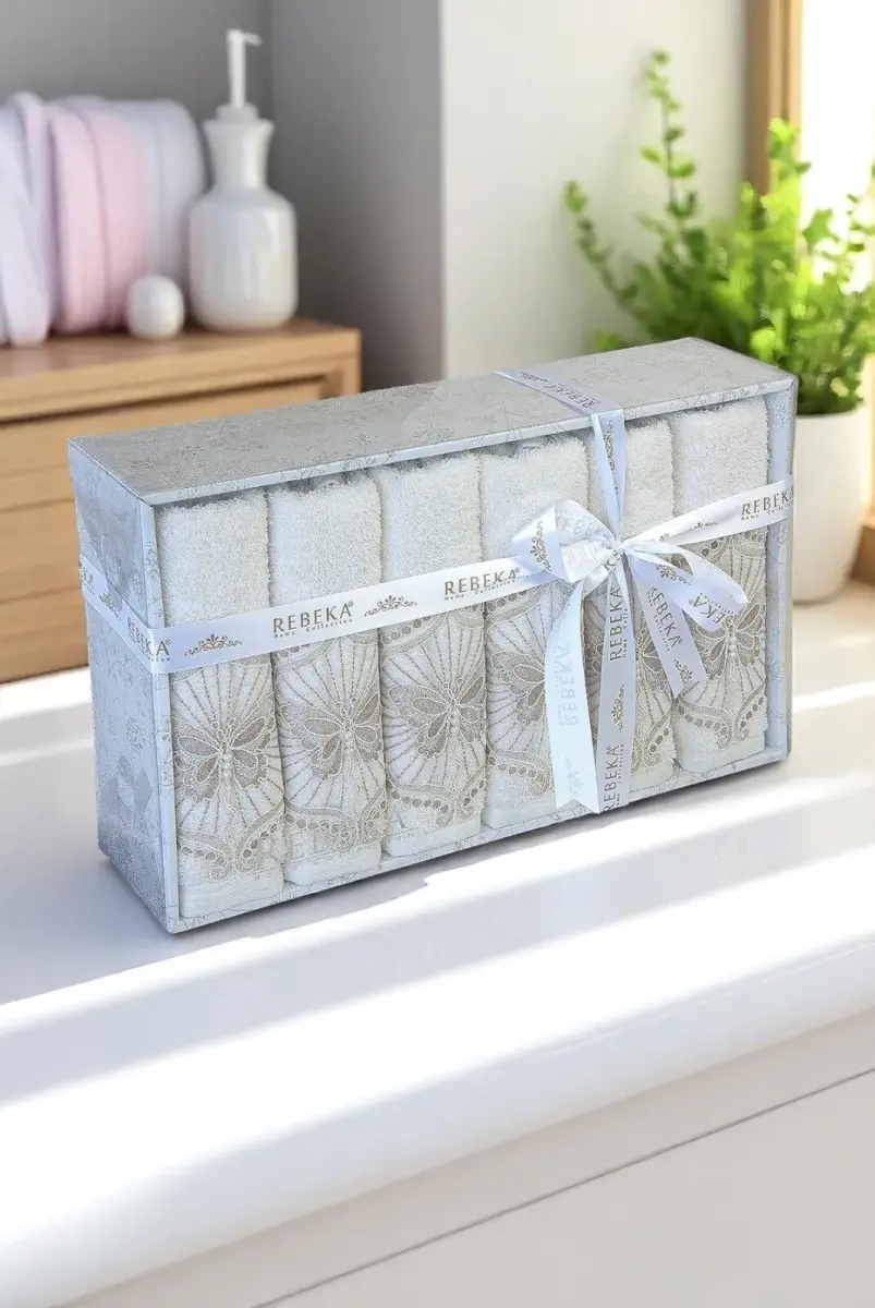 %100 Pamuklu, Hediyelik, Mevlüt ve Çeyizlik Lüks Kutulu Güpürlü 6'lı Havlu Seti - 1