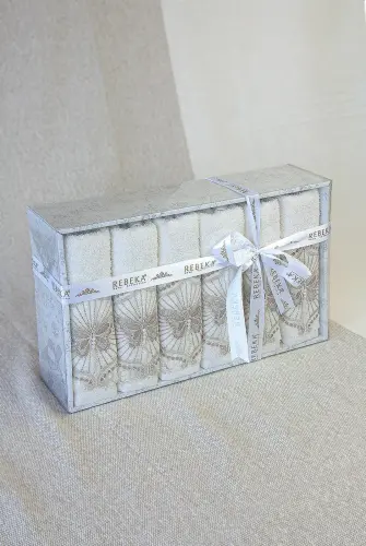 %100 Pamuklu, Hediyelik, Mevlüt ve Çeyizlik Lüks Kutulu Güpürlü 6'lı Havlu Seti - 3