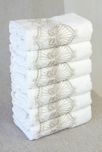 %100 Pamuklu, Hediyelik, Mevlüt ve Çeyizlik Lüks Kutulu Güpürlü 6'lı Havlu Seti - 5