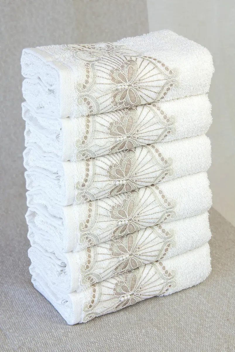 %100 Pamuklu, Hediyelik, Mevlüt ve Çeyizlik Lüks Kutulu Güpürlü 6'lı Havlu Seti - 5