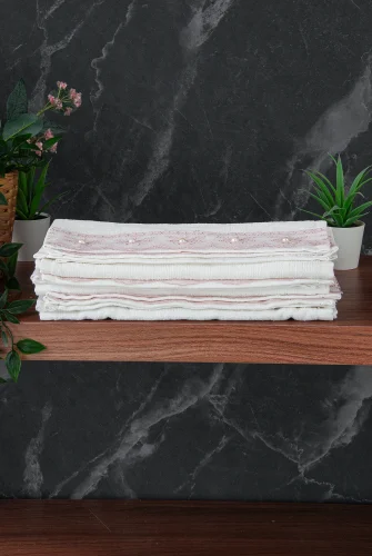 % 100 Pamuklu Kadife Güpürlü İnci Işlemeli 6 lı Çeyizlik El Yüz Havlu Seti - 30x50 cm - 04466 - Pembe - ihvanonline (1)