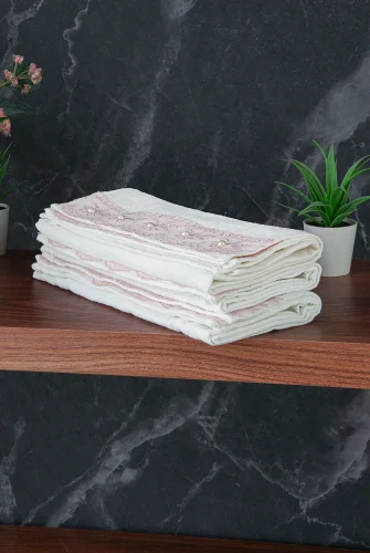 % 100 Pamuklu Kadife Güpürlü İnci Işlemeli 6 lı Çeyizlik El Yüz Havlu Seti - 30x50 cm - 04466 - Pembe - 3