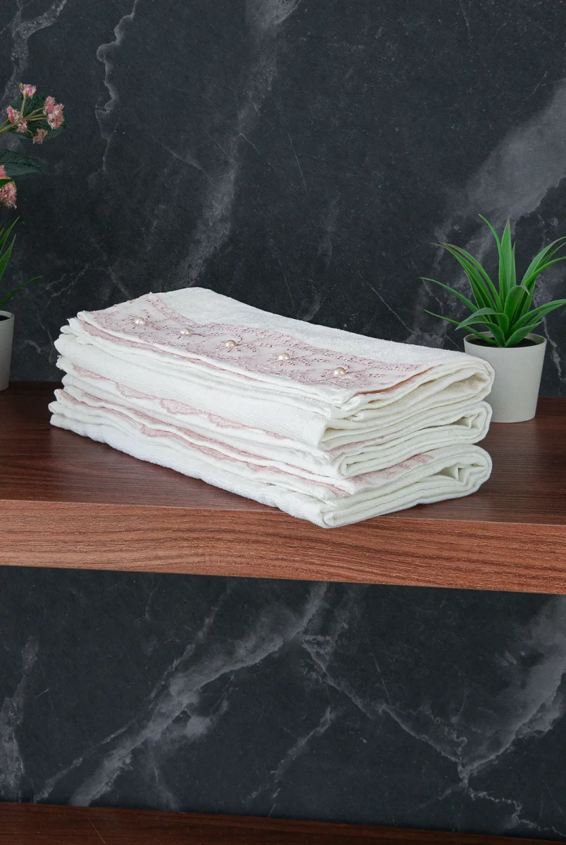 % 100 Pamuklu Kadife Güpürlü İnci Işlemeli 6 lı Çeyizlik El Yüz Havlu Seti - 30x50 cm - 04466 - Pembe - 3