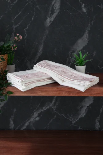 % 100 Pamuklu Kadife Güpürlü İnci Işlemeli 6 lı Çeyizlik El Yüz Havlu Seti - 30x50 cm - 04466 - Pembe - 4
